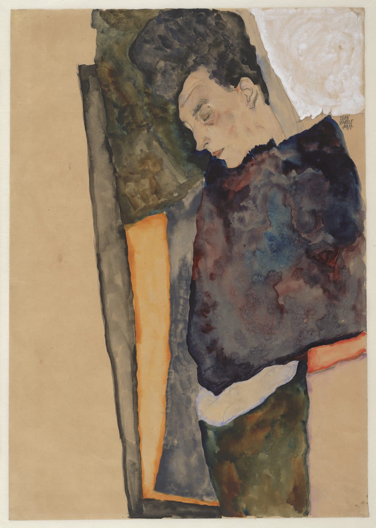 Egon Schiele's "The Artist's Mother, Sleeping," created in 1911 with graphite, watercolor, and white heightening on brown wrapping paper. (Courtes of Museum of Fine Arts, Boston)