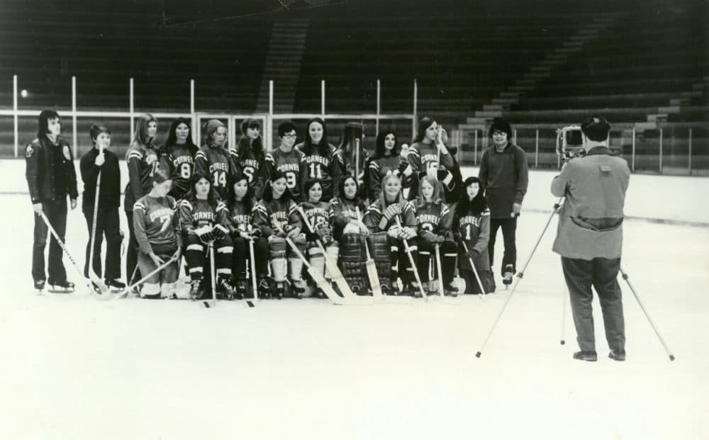 Reggie Baker (now Reggie Robbins) led the way for creating women's hockey as a varsity sport at Cornell. Here, Reggie and the rest of her 1971-72 Cornell team pose for a group photo. (Courtesy Reggie Robbins)