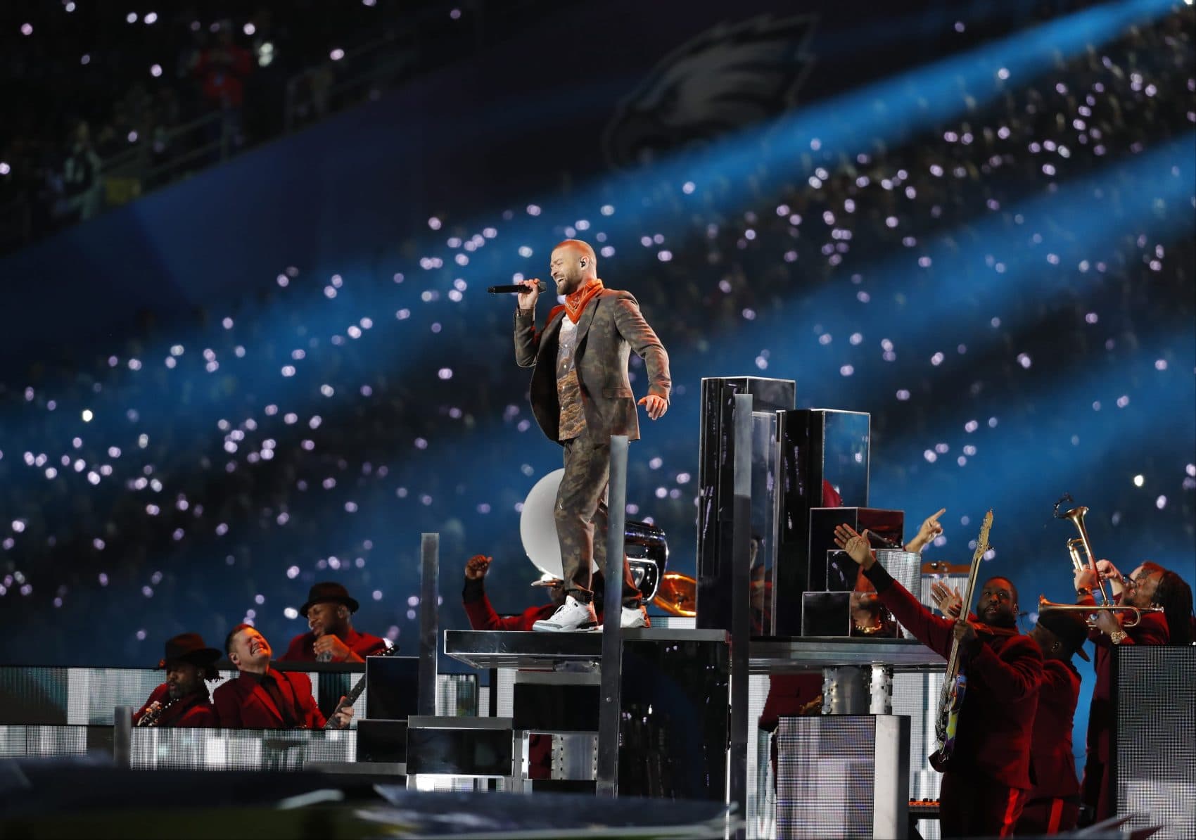 Justin Timberlake performs during halftime at the NFL Super Bowl 52 football game between the Philadelphia Eagles and the New England Patriots,Sunday, Feb. 4, 2018, in Minneapolis. (AP Photo/Charlie Neibergall)