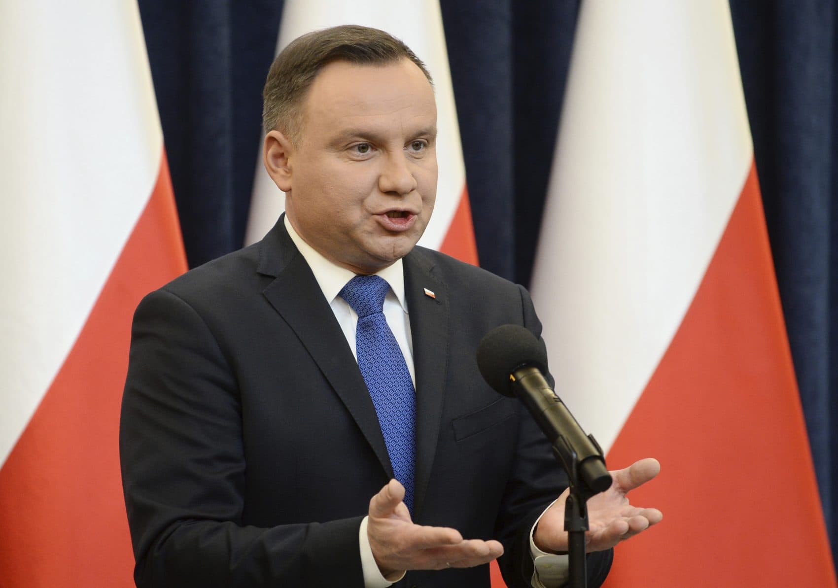 Polish President Andrzej Duda announces his decision to sign legislation penalizing certain statements about the Holocaust, in Warsaw, Poland, Tuesday, Feb. 6, 2018. Duda said that he will also ask the constitutional court to make final ruling on the disputed Holocaust speech bill. (Alik Keplicz/AP)