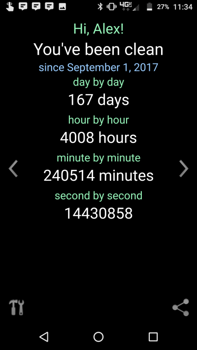 A screenshot from Alex's app that tracks how many days he's been clean.