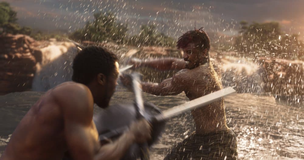 Chadwick Boseman as T'Challa/Black Panther and Michael B. Jordan as Erik Killmonger. (Courtesy Film Frame/Marvel Studios)