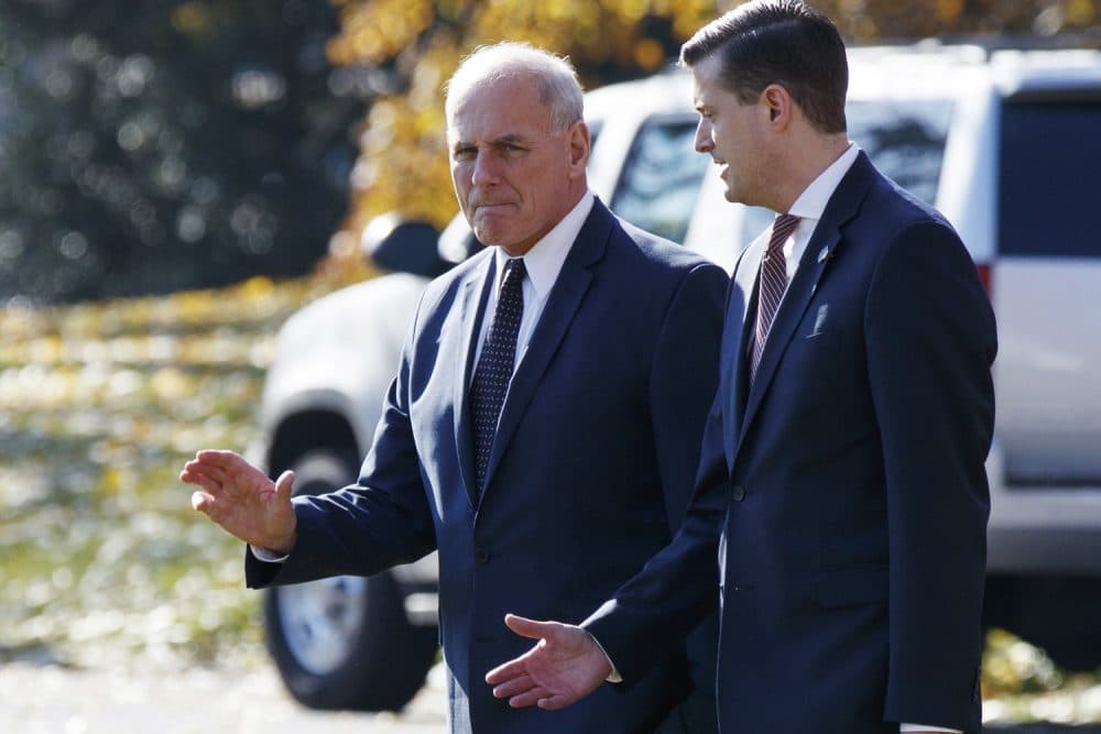 In this Nov. 29, 2017 file photo, White House Chief of Staff John Kelly, left, walks with White House staff secretary Rob Porter to board Marine One on the South Lawn of the White House in Washington. (AP Photo/Evan Vucci)
