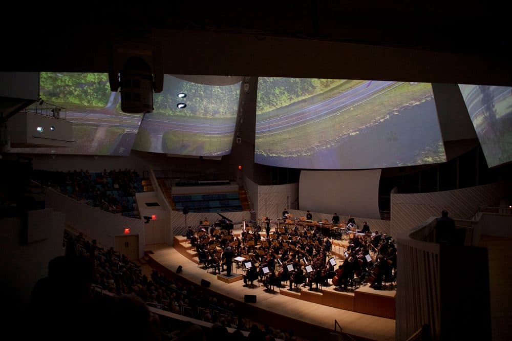 From a Feb. 3 New World Symphony performance, featuring works by Michael Tilson Thomas, a play by Christopher Wall and the crowd-sourced “Miami in Movements” by filmmaker Jonathan David Kane and composer Ted Hearne. (Courtesy Gregory Reed)