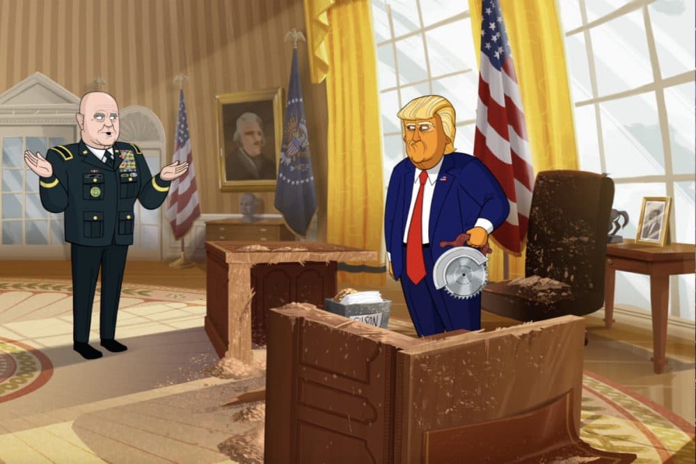 Cartoon versions of H. R. McMaster and President Trump. (Courtesy Showtime)