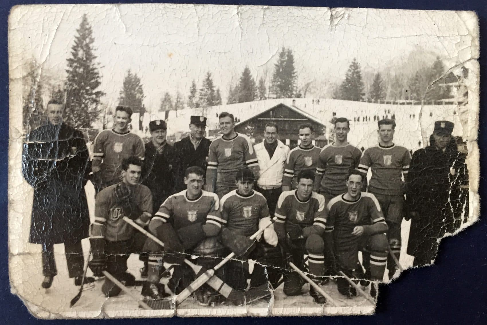 The 1936 U.S. Olympic hockey team in Germany. Francis Baker is third from the left in the front and Albert Prettyman is the fourth from the left in the back. (Courtesy Hamilton College)