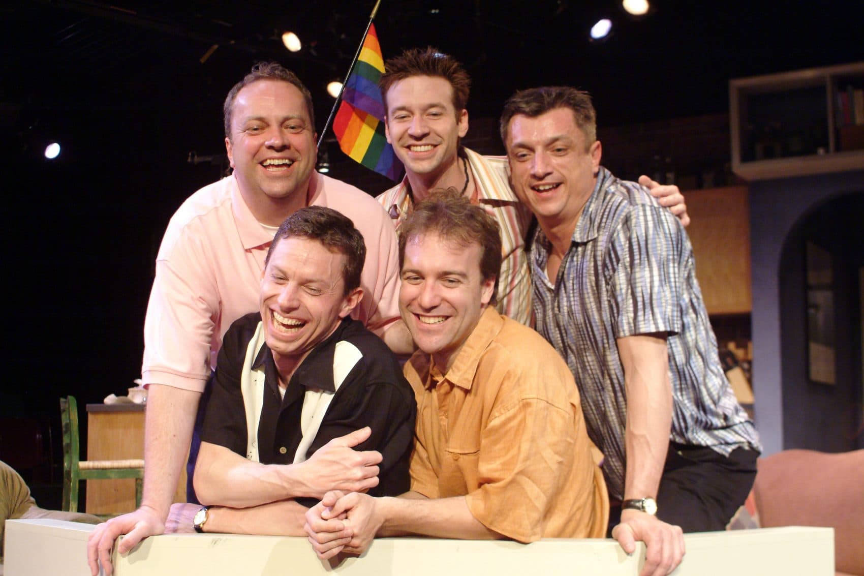 Clockwise from top left, Larry Coen, Jeremy Johnson, Will McGarrahan, Trey Burvant, and Tom Lawlor in "The Last Sunday in June" at SpeakEasy Stage Company. (Courtesy)