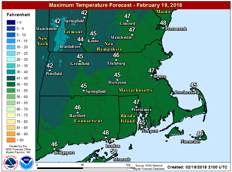 Temperatures Monday afternoon will reach well into the 40s. (Courtesy NOAA)