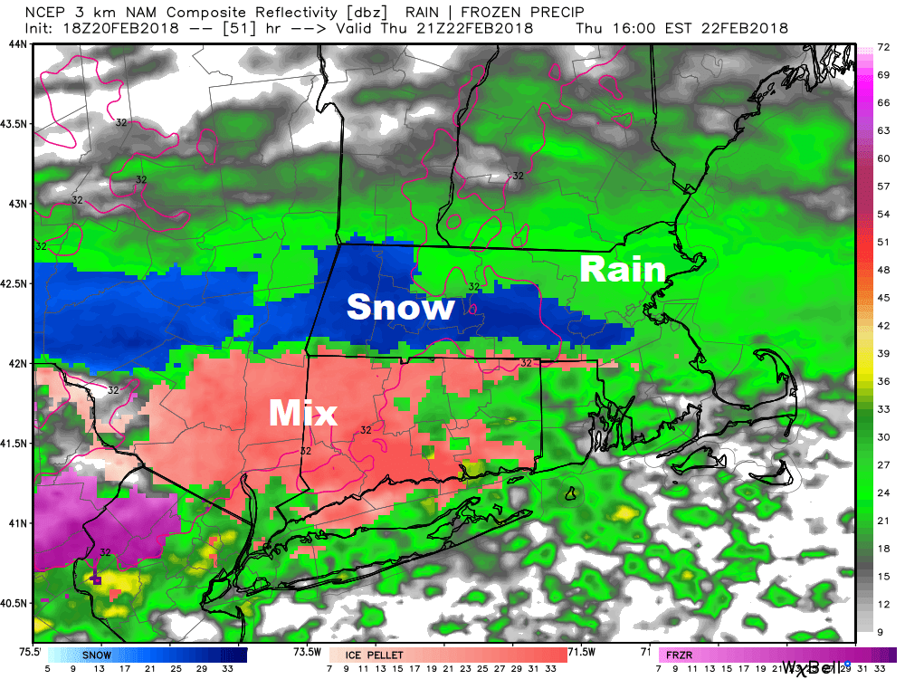 Thursday will be raw and cold with a mixed bag of precipitation. (Courtesy WeatherBell)
