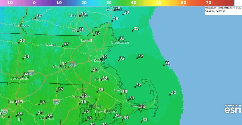 Temperatures Tuesday could get up to 32 F. (National Weather Service)