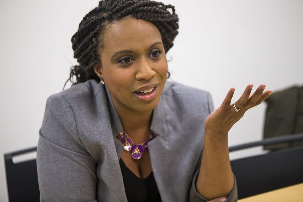 Boston City Councillor and candidate for the 7th Congressional district Ayanna Pressley speaks at her campaign office in Boston. (Jesse Costa/WBUR)