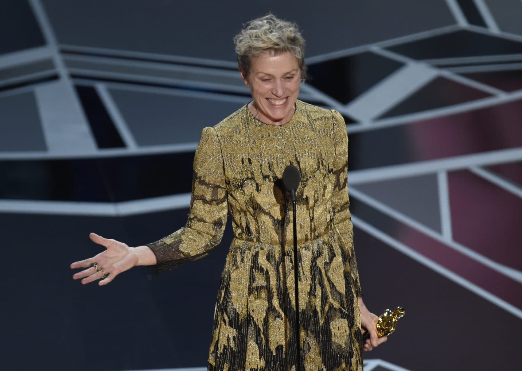 Frances McDormand accepts the award for best performance by an actress for "Three Billboards Outside Ebbing, Missouri." (Chris Pizzello/Invision/AP)