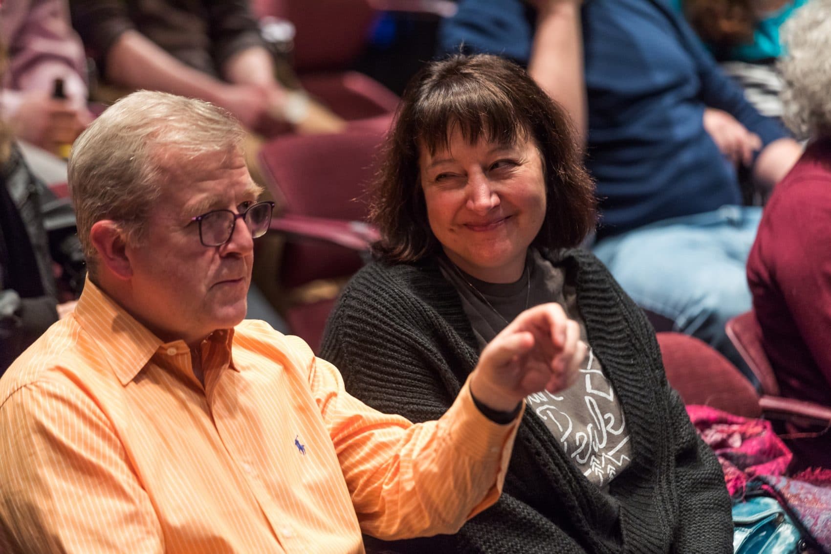 Adrianne Krstansky as The Narrator with a member of the audience portraying Dad in SpeakEasy Stage's "Every Brilliant Thing." (Courtesy Maggie Hall Photography)