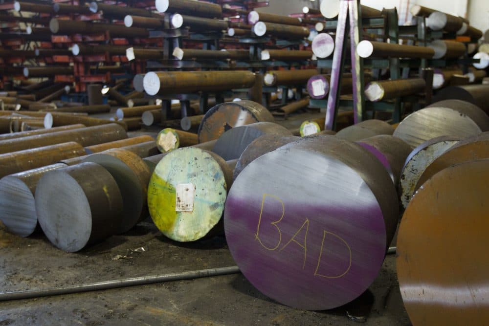 The word bad is written on the end of a machine grade bar of steel at the Pacific Machinery & Tool Steel Company on March 6, 2018 in Portland, Ore. President Trump announced he intends to impose tariffs on imported steel and aluminum, sparking fears of a trade war. (Natalie Behring/Getty Images)