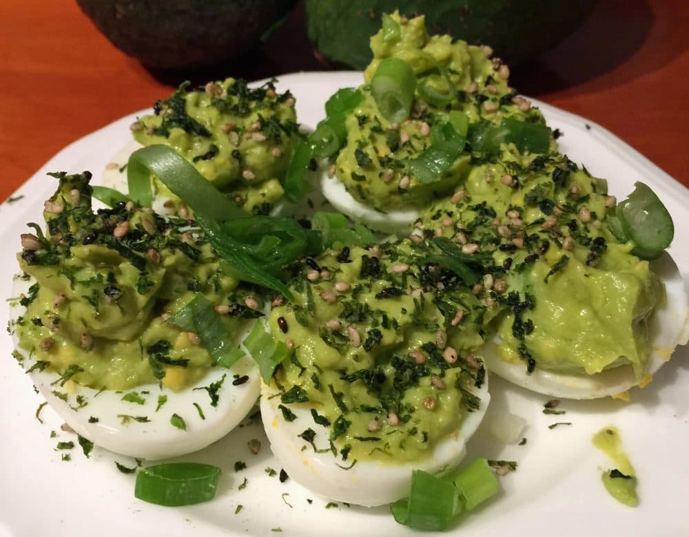 Kathy's deviled eggs with avocado and furikake. (Kathy Gunst for Here &amp; Now)