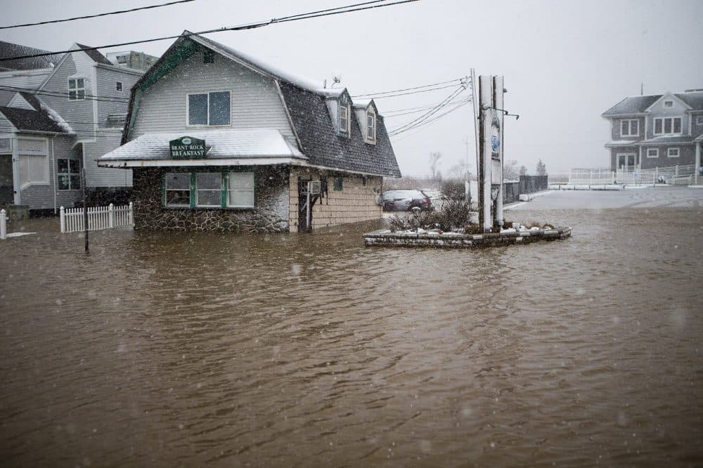 Flood water rising on Brandt Rock Breakfast in Marshfield about high tide during the nor'easter. (Jesse Costa/WBUR)