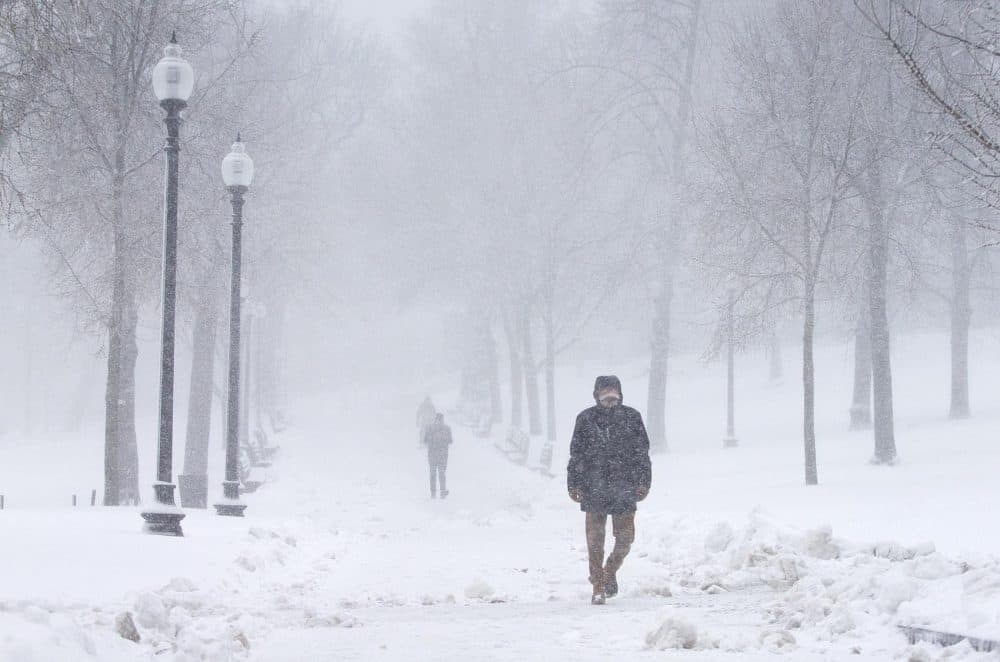 With snow falling steadily, a few people walk across Boston Common. (Robin Lubbock/WBUR)