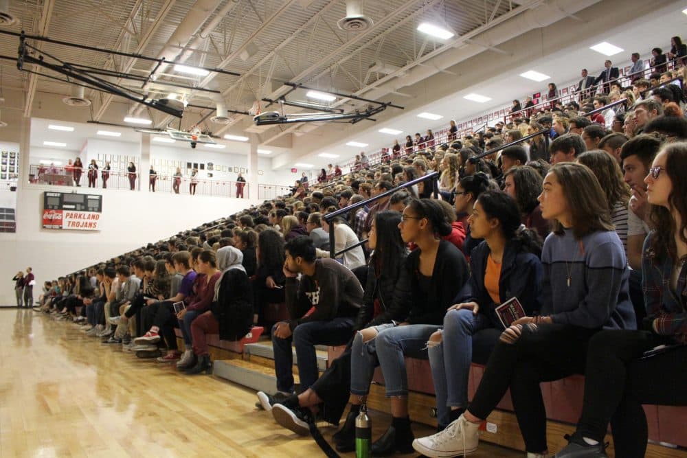 Students attend a rally at Parkland High School outside Allentown, Pa. on Wednesday. Hundreds of students there walked out of class and headed to the auditorium for the #parklandforparkland rally. (Michael Rubinkam/AP)