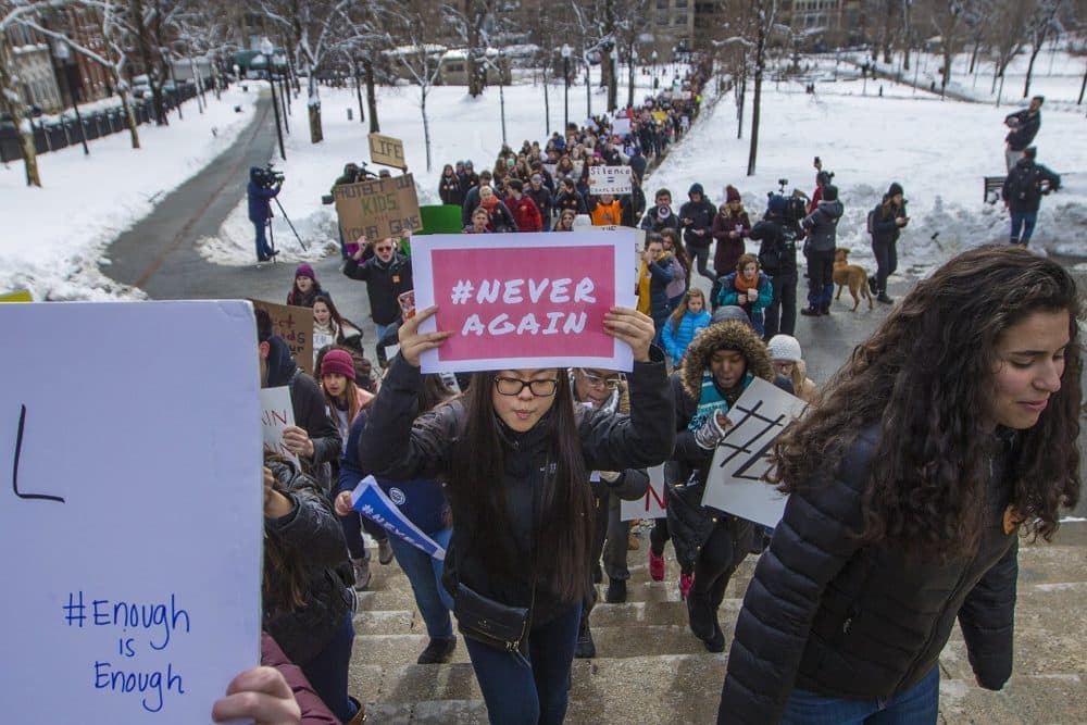 Student march across Boston Common to the State House to rally for gun control measures. (Jesse Costa/WBUR)