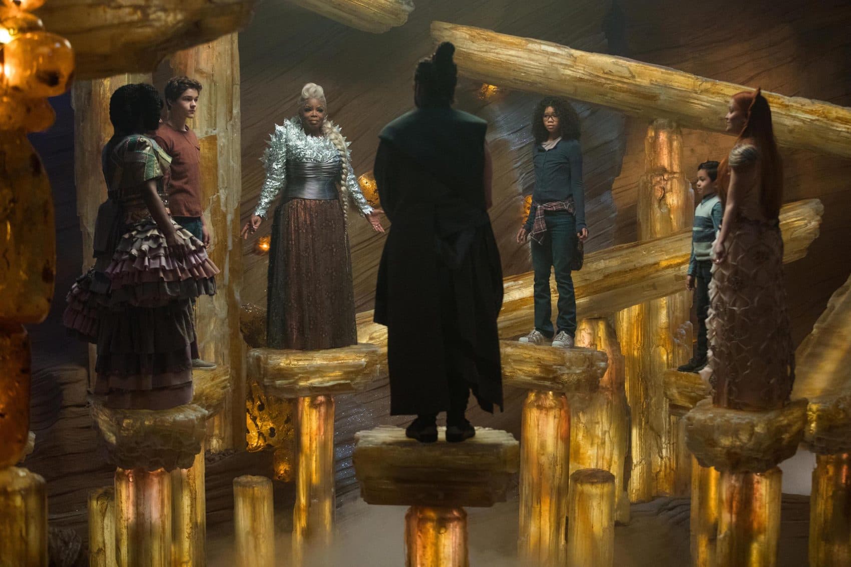 Mindy Kaling, Levi Miller, Oprah Winfrey, Zach Galifianakis, Storm Reid, Deric McCabe and Reese Witherspoon in "A Wrinkle in Time." (Courtesy Disney)