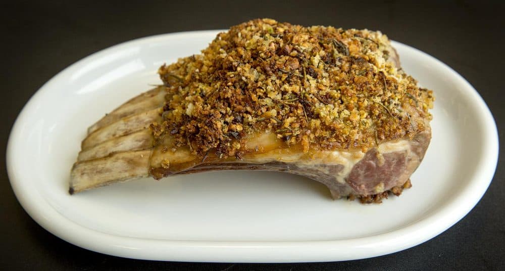 Rack of lamb with pistachio-garlic-herb crust, from chef Kathy Gunst. (Robin Lubbock/WBUR)