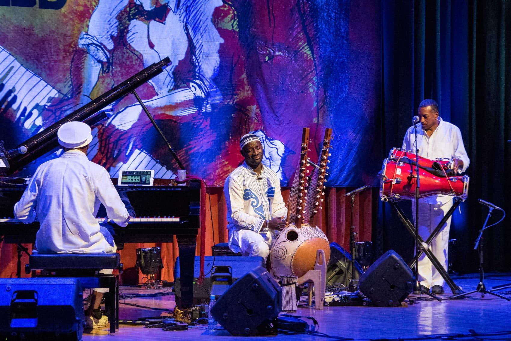 Omar Sosa on piano, Seckou Keita on kora and Gustavo Ovalles on percussion. (Courtesy Jon Razinger/World Music/CRASHarts)