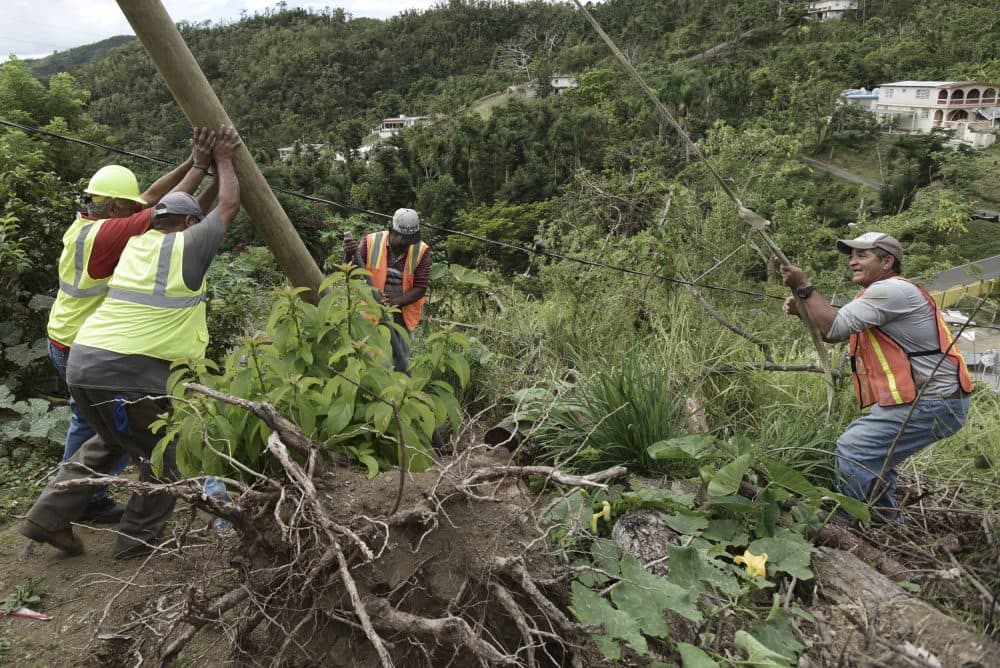 In this Jan. 31, 2018 photo, Public Works Sub-Director Ramon Mendez, wearing a hard hat at left, works with locals who are municipal workers, from right, Eliezer Nazario, Tomas Martinez and Angel Diaz as they install a new post to return electricity to Felipe Rodriguez's home, four months after Hurricane Maria hit the El Ortiz sector of Coamo, Puerto Rico. Coamo's city government relies on residents to tell it where damaged cables and posts are located, and uses hand-drawn maps to show homes that have power or need it, and the city updates the power company. (Carlos Giusti/AP)