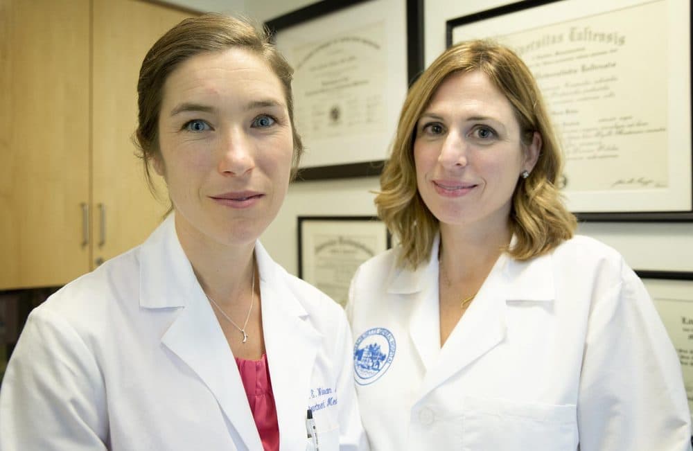 Dr. Sarah Wakeman, left, and Dr. Laura Kehoe at Massachusetts General Hospital (Robin Lubbock/WBUR)