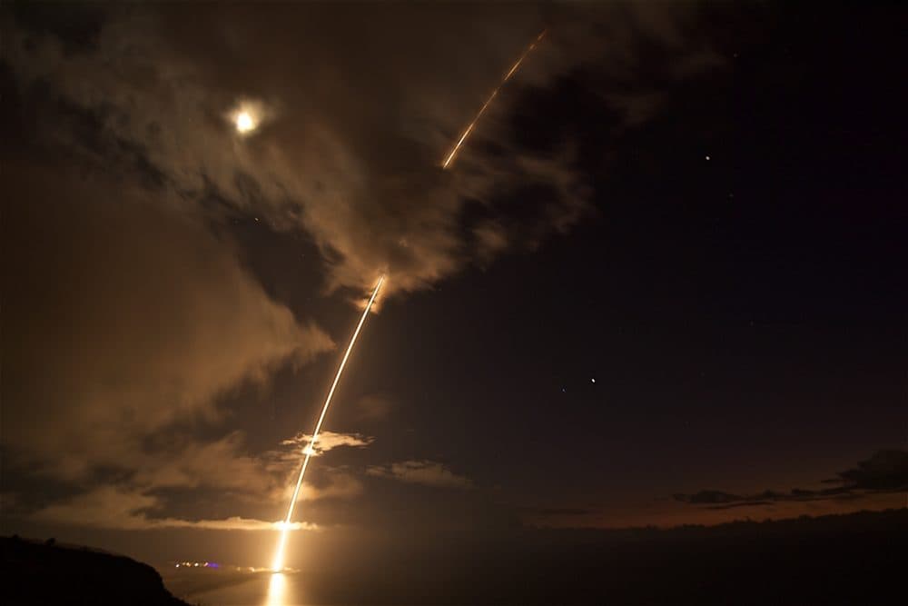 This Aug. 29, 2017 photo provided by the Department of Defense shows a medium-range ballistic missile target is launched from the Pacific Missile Range Facility on Kauai, Hawaii. Latonja Martin/Department of Defense via AP)