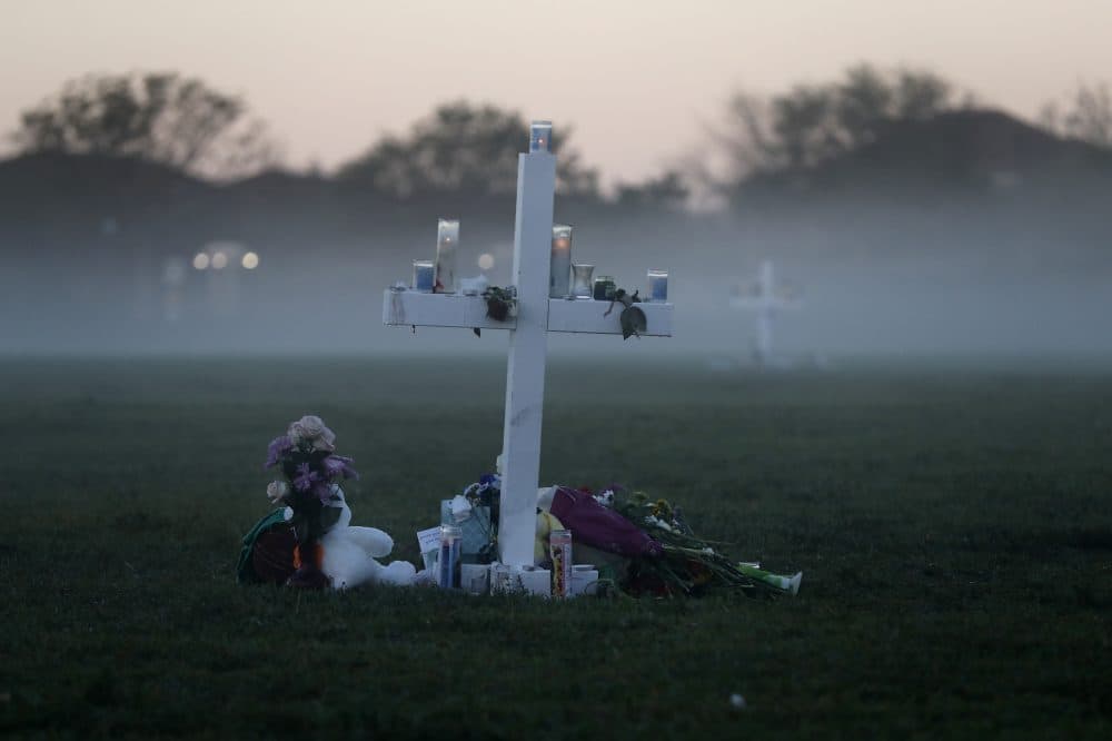 An early morning fog rises where 17 memorial crosses were placed, for the 17 deceased students and faculty from the Wednesday shooting at Marjory Stoneman Douglas High School, in Parkland, Fla., Saturday, Feb. 17, 2018. As families began burying their dead, authorities questioned whether they could have prevented the attack at the high school where a gunman, Nikolas Cruz, took several lives. (Gerald Herbert/AP)