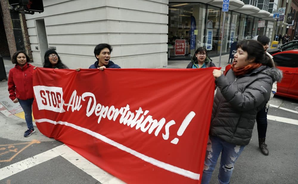 Demonstrators stage outside of the Immigration and Customs Enforcement offices Wednesday, Feb. 28, 2018, in San Francisco. A top immigration official said Wednesday that about 800 people living illegally in Northern California were able to avoid arrest because of a weekend warning that Oakland Mayor Libby Schaaf put on Twitter.(Marcio Jose Sanchez/AP)