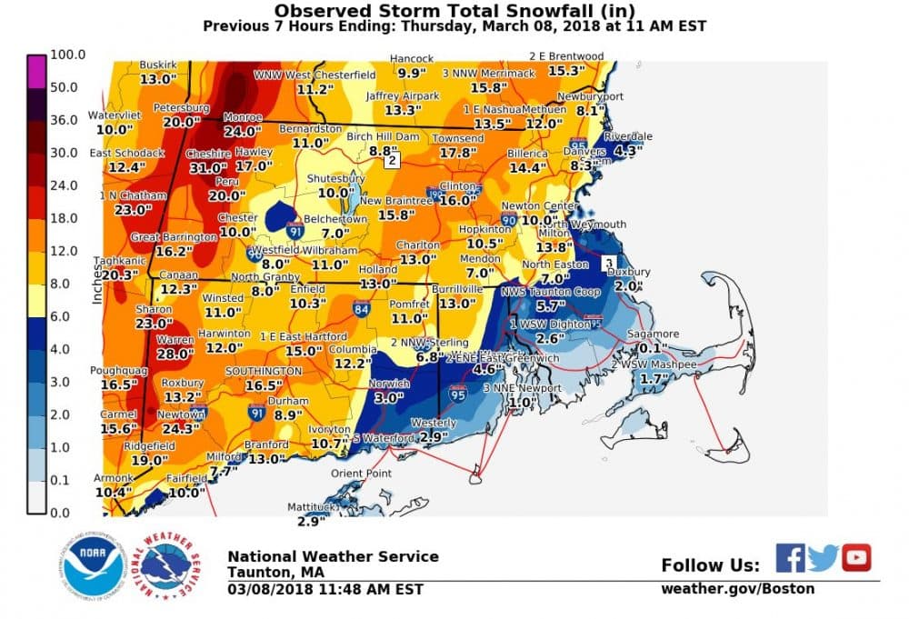 Snow totals as of 11 a.m. Thursday (Courtesy NWS)