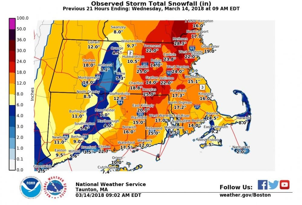 The total snowfall from the storm on Tuesday, March 13, 2018. (National Weather Service map)