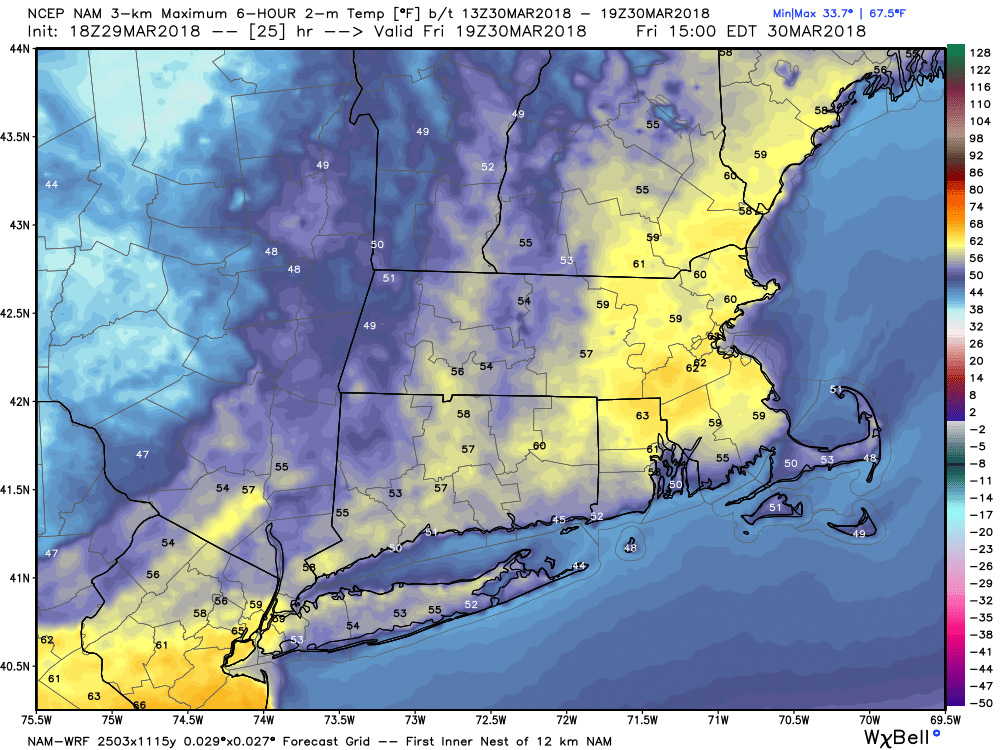 Highs Friday will reach into the 50s and lower 60s by mid-afternoon. (Courtesy WeatherBell)