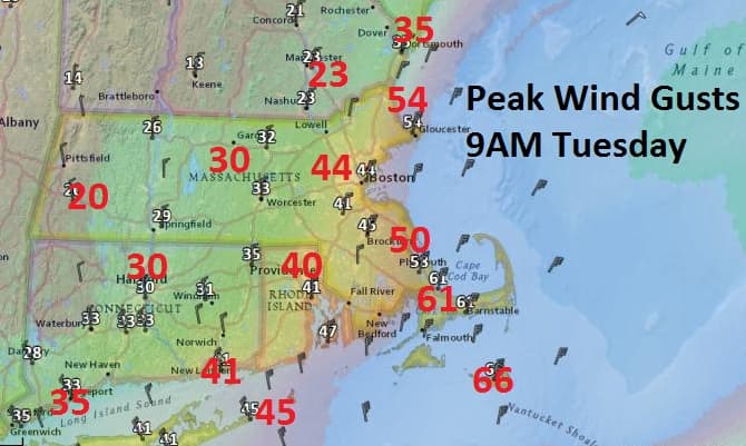 Estimated peak wind gusts on Tuesday (Dave Goldbaum for WBUR)