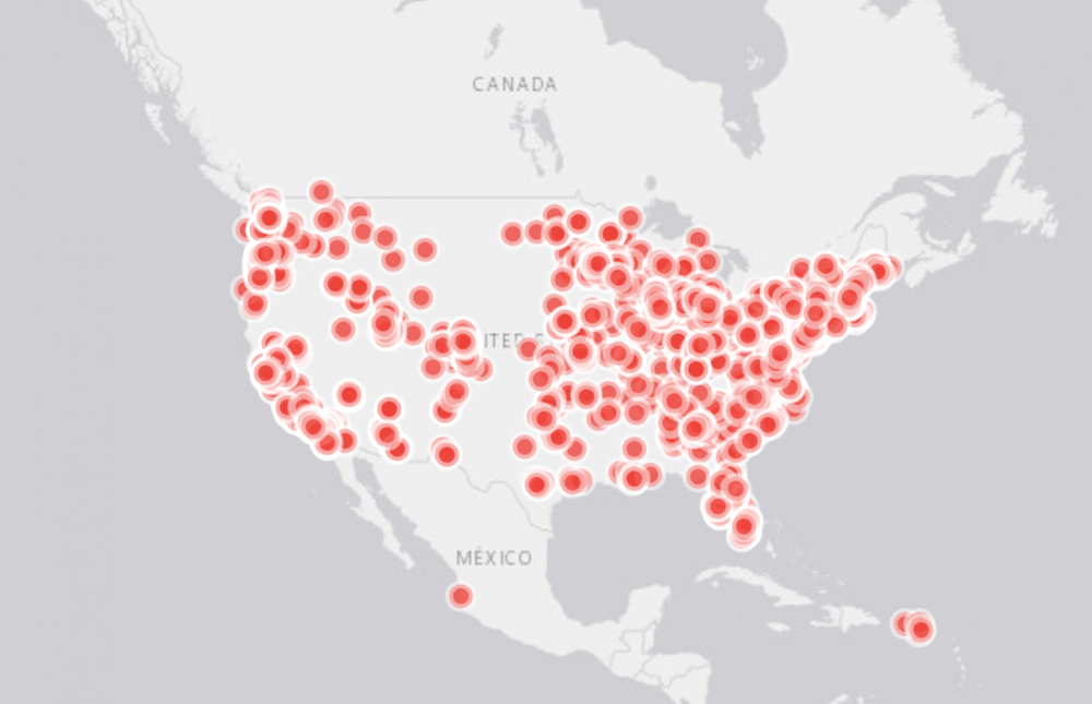 A map of schools across the U.S. where students plan to participate in the walk out. (Screenshot via Women's March Youth Empower)