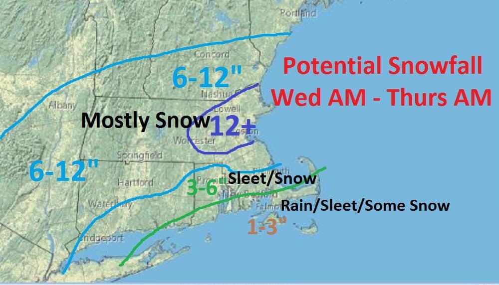 The forecast snow totals for Wednesday and Thursday's storm (Dave Goldbaum for WBUR)
