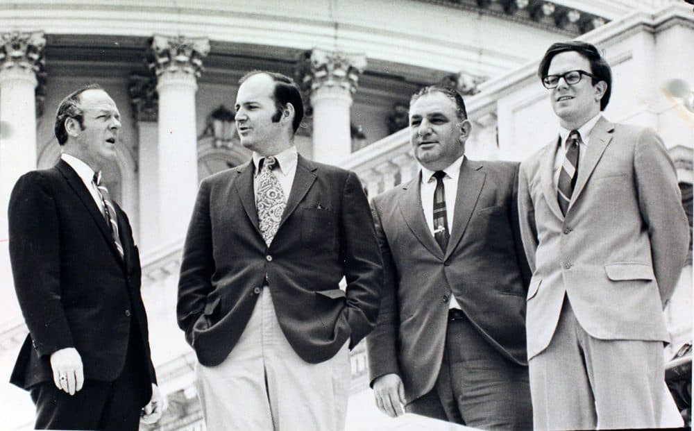 Matt Storin, far right, with Dick Stewart, Martin F. Nolan and Sal Micciche in 1970. (Joe Runci, courtesy of Boston Globe)