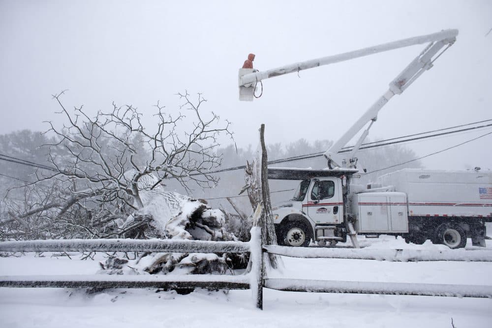Workers remove a fallen tree from a road and repair power lines during the storm in Norwell, Mass. (Steven Senne/AP)