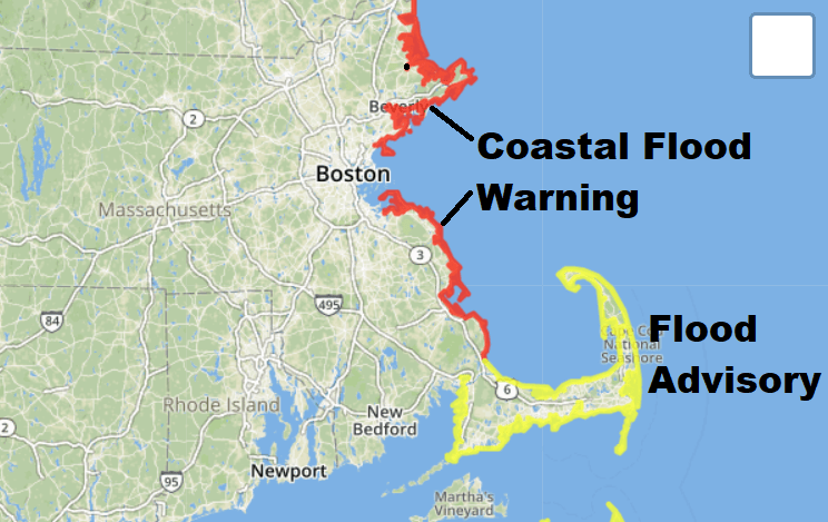 The predicted coastal flooding. (Dave Epstein/WBUR)