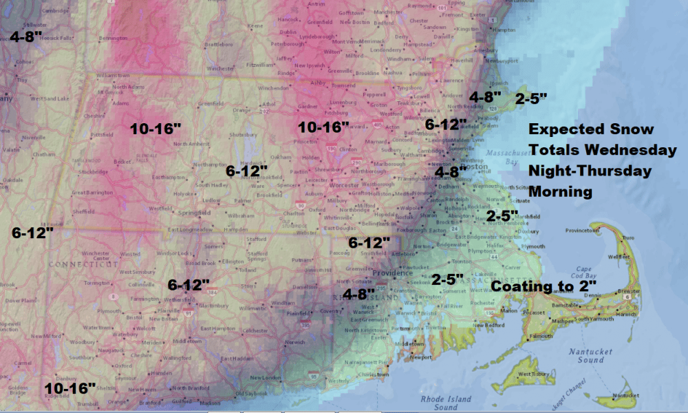 The storm track further east means more snow for Boston overnight and early Thursday.  (Dave Epstein/WBUR)