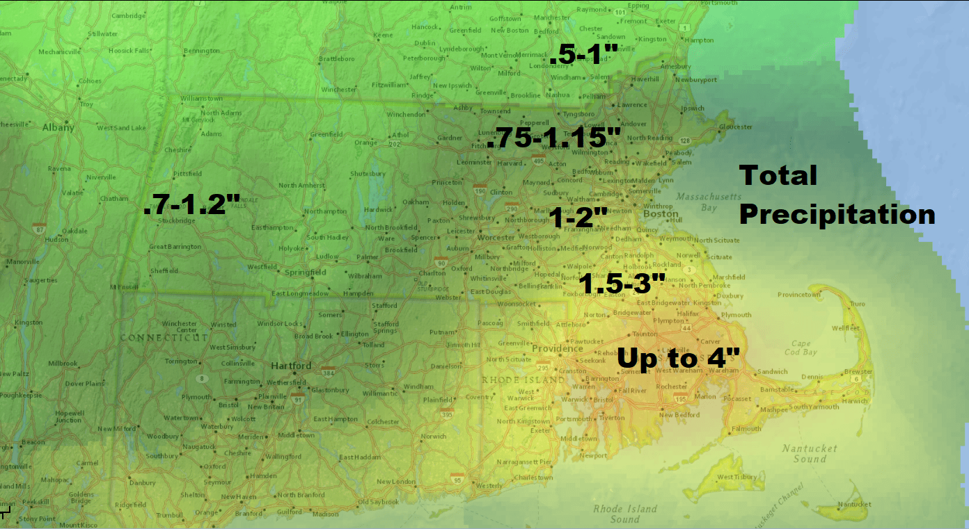 Rainfall will be heaviest south of Boston over southeastern Massachusetts and Rhode Island. (Dave Epstein/WBUR)