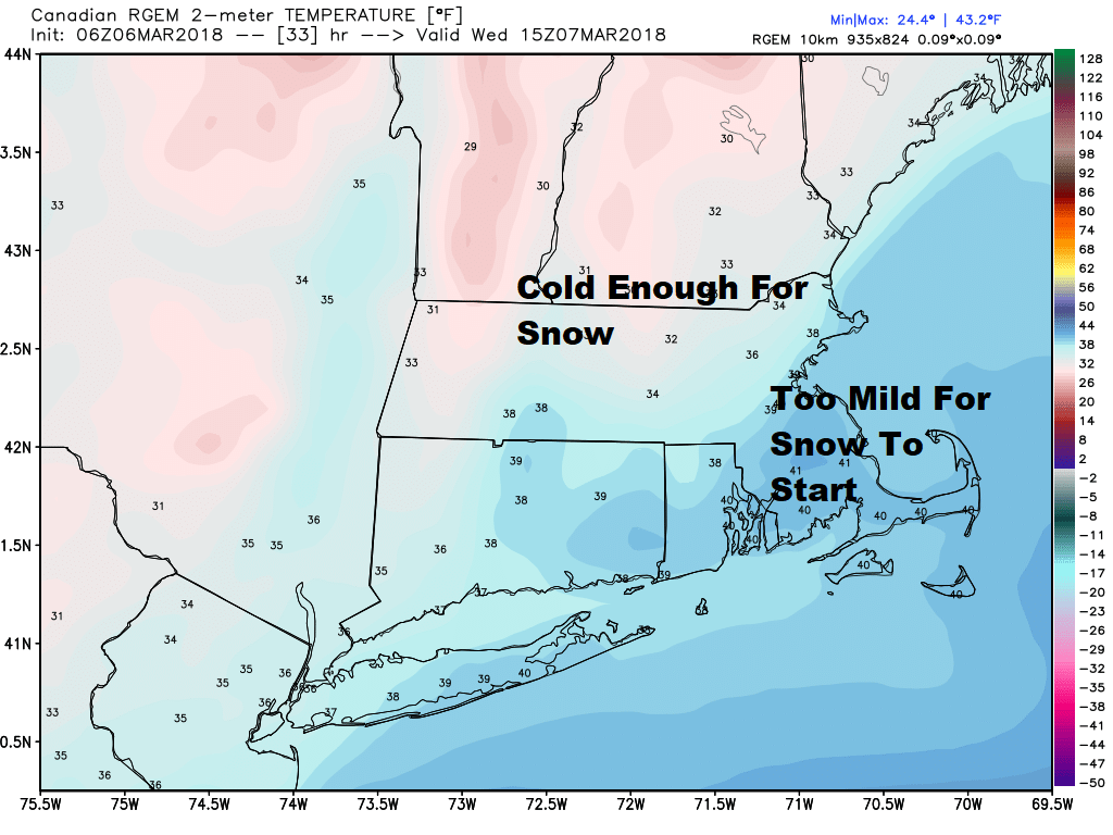 Temperatures should be too warm for snow at the start of the storm. (Courtesy WeatherBell)