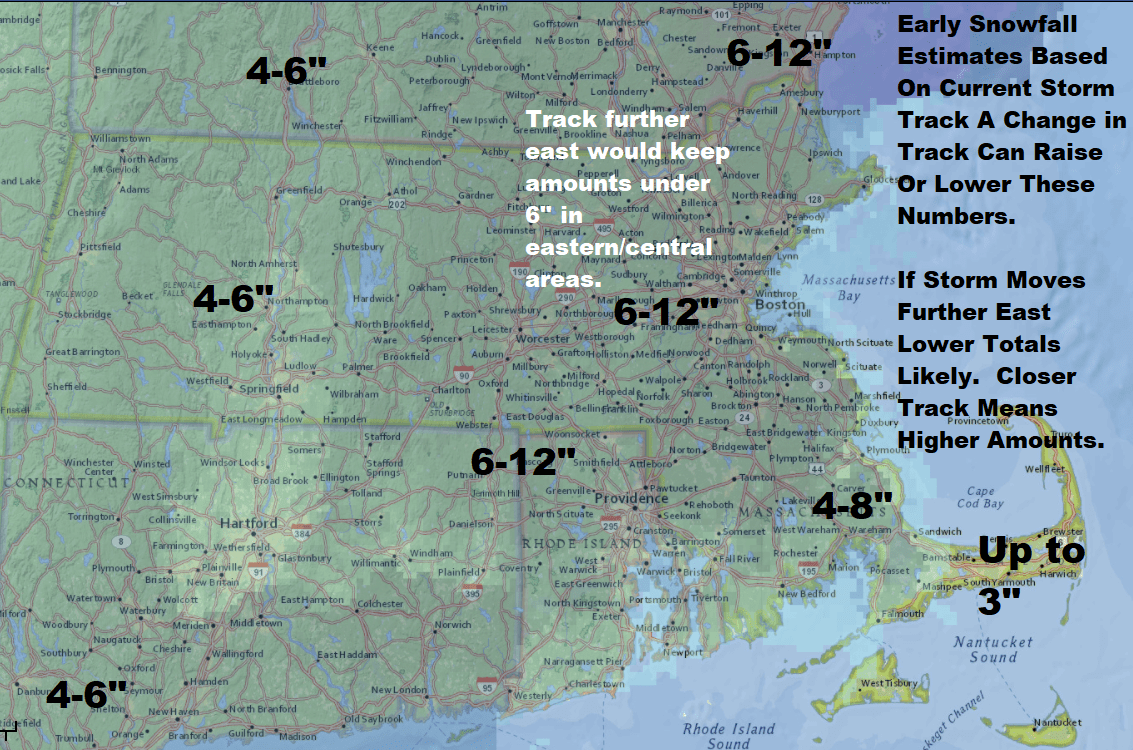 Snow is likely Tuesday, but amounts are still unsure. Here are some early estimates. (Dave Epstein/WBUR)