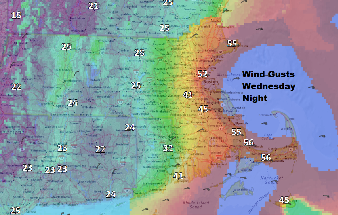 Winds will be strongest along the coastline Wednesday night. (Dave Epstein/WBUR)