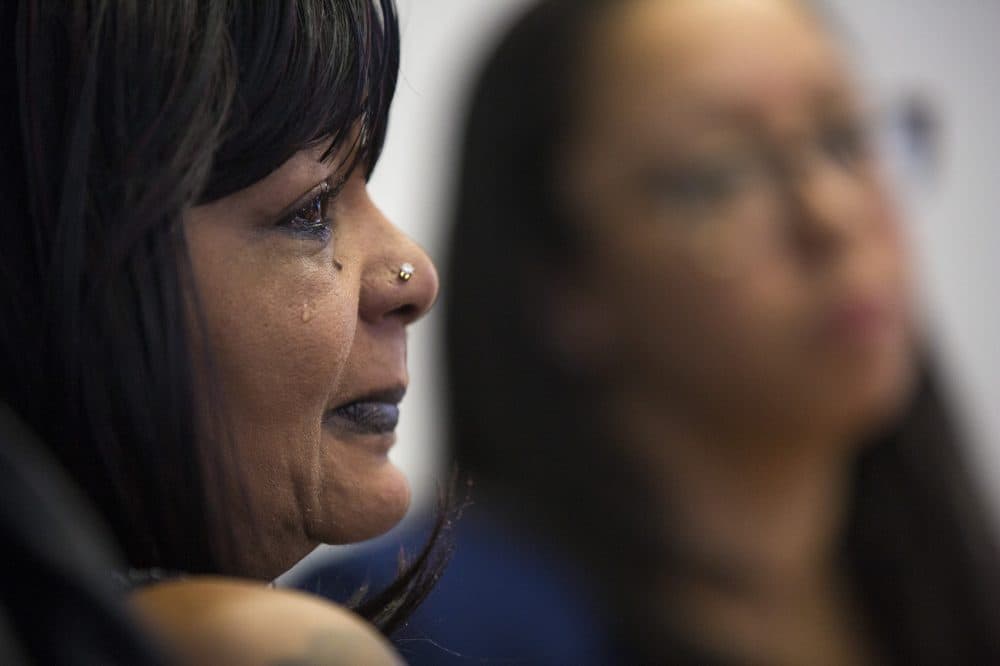 Tears stream down Hope Coleman's face as she discusses the federal civil rights lawsuit against the city of Boston for the fatal shooting of her only son, Terrence Coleman, a 31-year-old black man with a mental health disability. (Jesse Costa/WBUR)