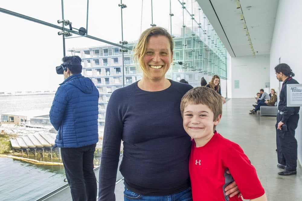 Christine Klaehn and her son Morgan were excited to try VR for the first time. (Andrea Shea/WBUR)