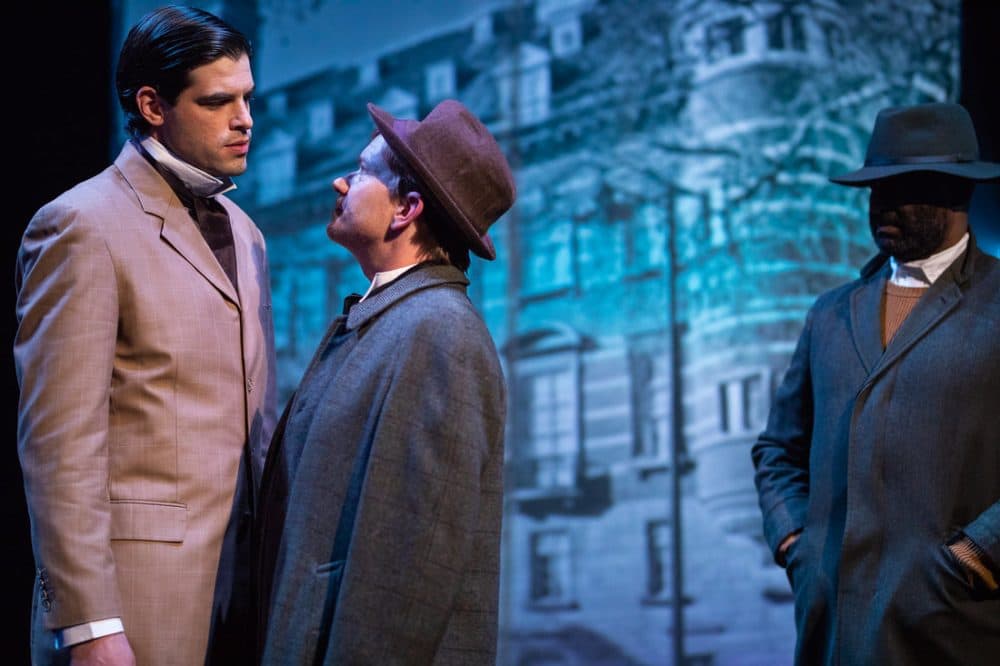 Daniel Berger-Jones as Scotland Yard inspector Thomas Chapman, Shelley Bolman as fellow inspector Gregory Lestrade, and Damon Singletary as Chapman's sidekick Mr. Greener in &quot;Miss Holmes.&quot; (Courtesy Nile Scott Shots/GBSC)