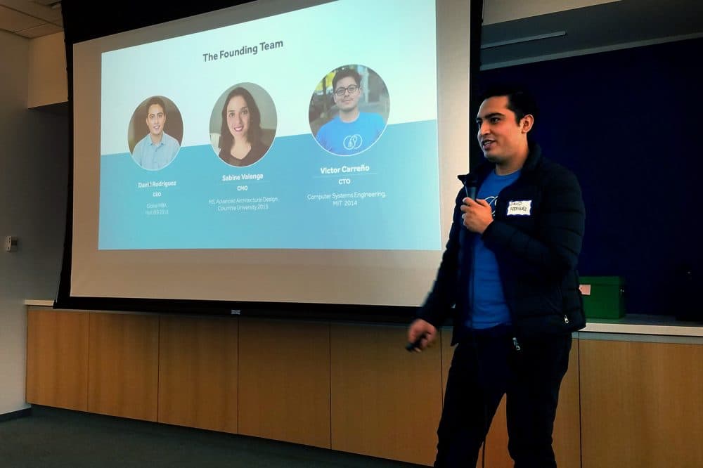 David Rodriguez pitches his Food For All app to investors at the Roxbury Innovation Center. The investor meeting was organized by Smarter In The City, a tech accelerator in Roxbury. (Zeninjor Enwemeka/WBUR)