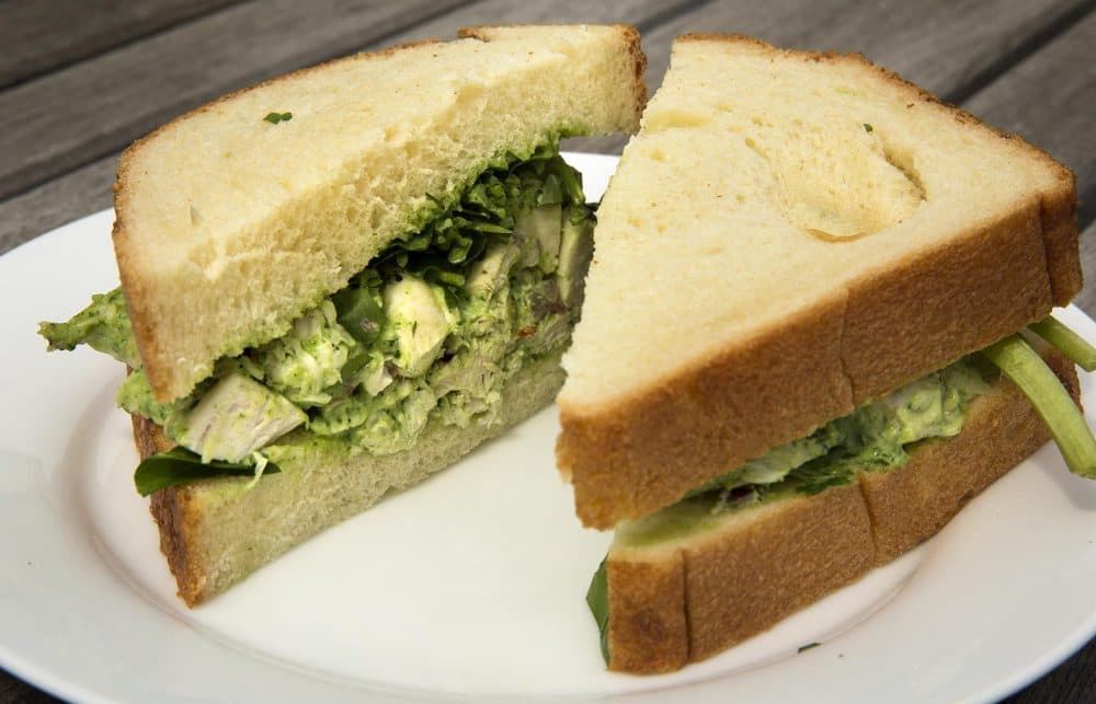 Chef Kathy Gunst's chicken salad sandwich with watercress mayonnaise. (Robin Lubbock/WBUR)